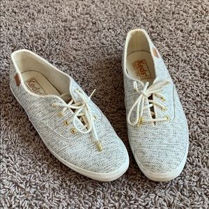 White Patterned Keds with Gold Lace Holes